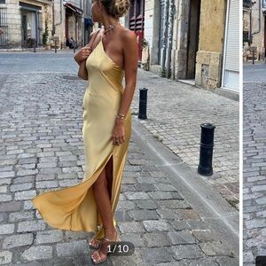 Gold Backless Halter Slip Dress